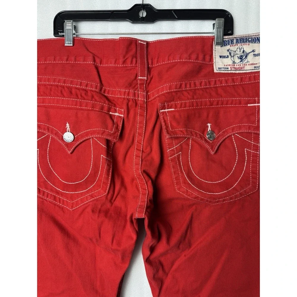 VTG Y2K True Religion Jeans Mens 40x34 Red Straight Flap Pocket Thick Stitch
